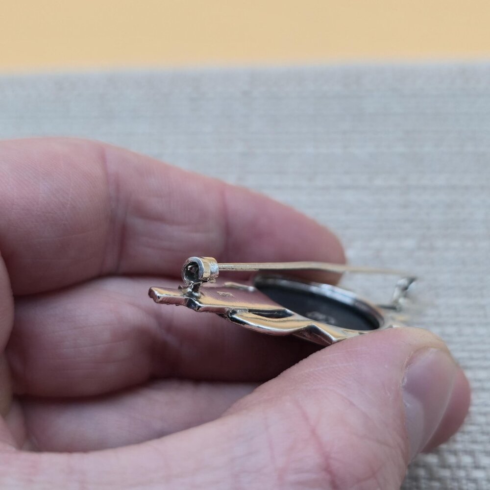 Sterling Silver Black Onyx And Marcasite Stones Pin Brooch B780 - Picture 6 of 8